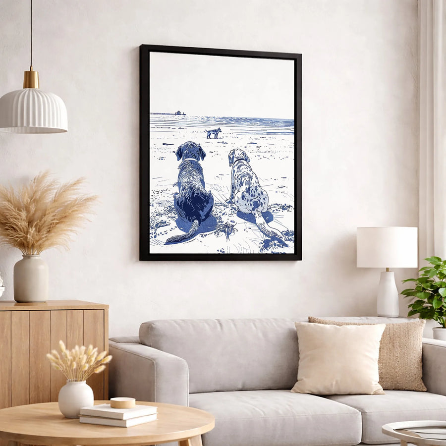 Dogs On Beach Canvas Wall Art | Coastal Blue And White Sketch | Gallery Quality 1.25 Inch Wrap | Dog Lover Gift Home Decor