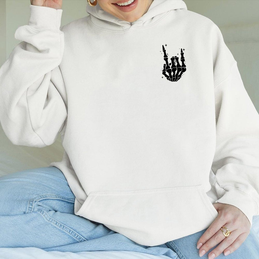 Skeleton Hand Rock On Hoodie | Gothic Aesthetic Skull Graphic | Premium Cotton Blend | Unisex Alt Fashion Gift for Music Lovers