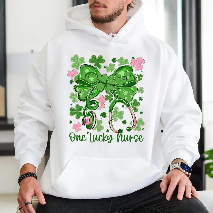 One Lucky Nurse Hoodie | St. Patrick's Day Stethoscope Shamrock Graphic | Premium Cotton Blend Sweatshirt | Gift for Nurses RN LPN CNA
