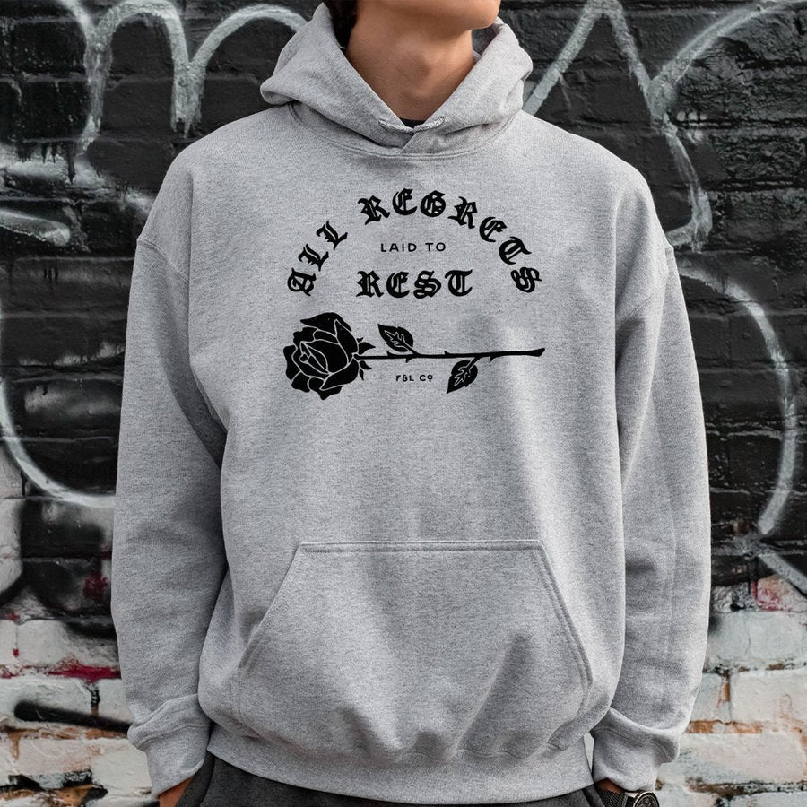 All Regrets Laid To Rest Hoodie | Gothic Rose Graphic Streetwear | Premium Cotton-Blend Pullover | Aesthetic Grunge Gift For Her Or Him