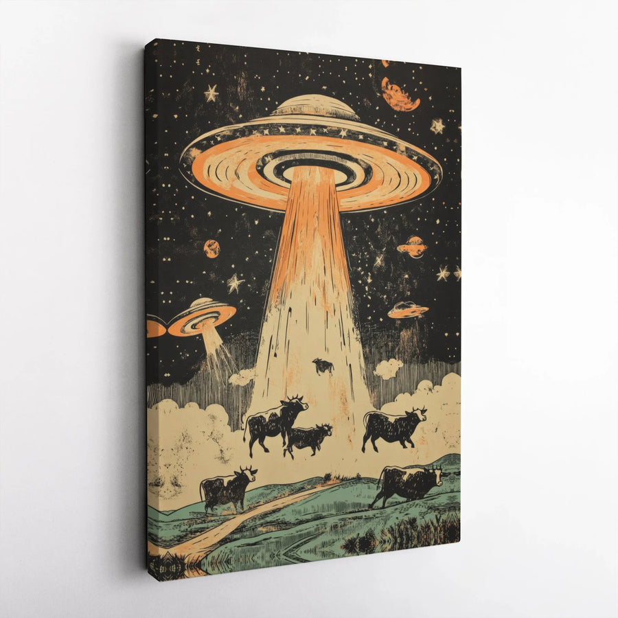 UFO Abducting Cows Canvas Wall Art | Retro Alien Sci-Fi Space Print | Premium Gallery-Wrapped Decor | Unique Gift for Astronomy Lovers