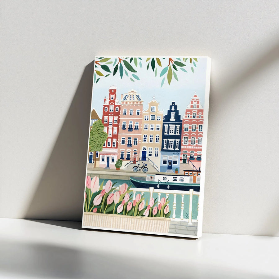 Amsterdam Canal House Canvas Wall Art | Colorful Dutch Cityscape with Tulips & Bicycle | Premium Gallery Wrap Print | Gift for Travel Lovers