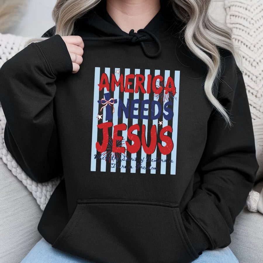 America Needs Jesus Hoodie | Patriotic Coquette Bow USA Graphic | Premium Cotton Comfort Colors Tee | 4th of July Christian Faith Gift