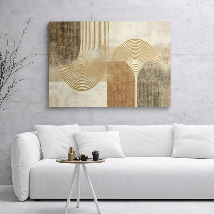 Abstract Geometric Canvas Wall Art | Mid Century Modern Arches with Gold Lines | Premium Gallery Wrapped Decor | Neutral Home Office Decor Gift