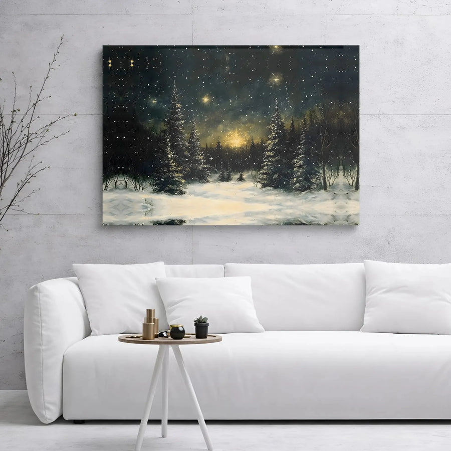 Winter Forest Canvas Wall Art | Snowy Night Starry Sky Landscape | Premium Gallery Wrap Print | Peaceful Nature Home Decor Gift