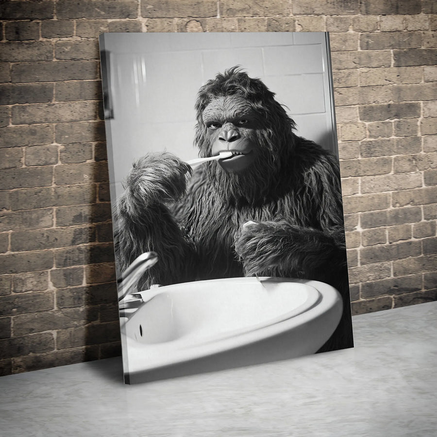 Bigfoot Brushing Teeth Wall Art | Funny Sasquatch Bathroom Decor | Premium Gallery Wrap Canvas | Unique Gift For Cryptid Lovers