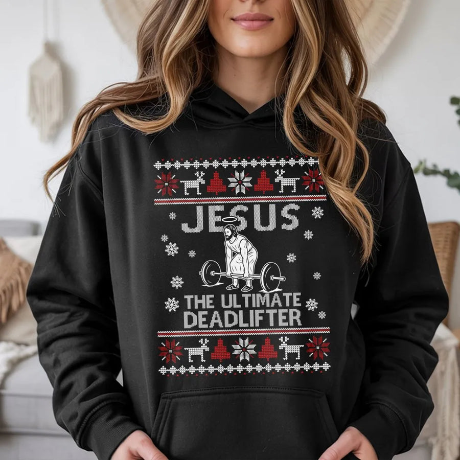 Jesus Deadlift Ugly Christmas Hoodie | Funny Gym Weightlifting Design | Premium Soft Fleece Pullover | Religious Fitness Gift for Men Women