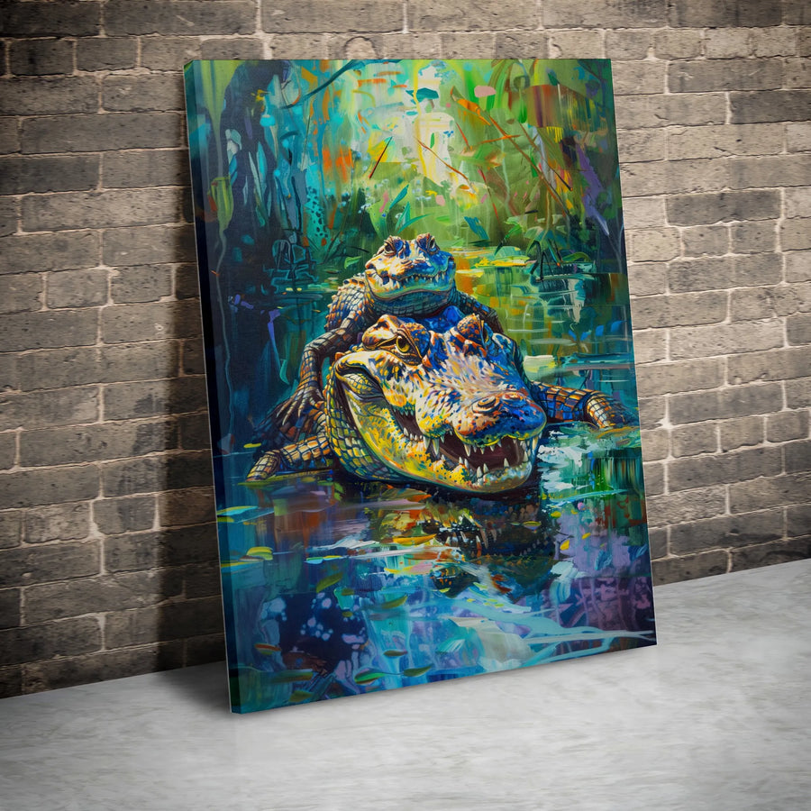 Alligator Family Wall Art | Colorful Abstract Swamp Painting | Premium Gallery-Wrapped Canvas | Animal Lover Home Decor Gift