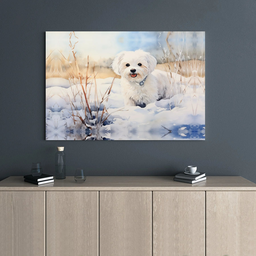 Maltese Dog Wall Art | Watercolor Winter Snow Puppy Portrait | Premium Gallery Wrap Canvas | Pet Lover Home Decor Gift