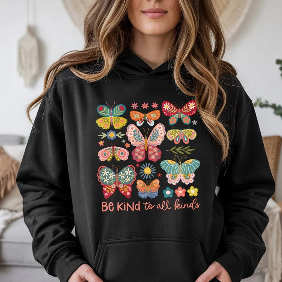 Be Kind To All Kinds Butterfly Shirt | Boho Folk Art Graphic Tee | Soft 100% Cotton | Inspirational Kindness Gift for Women