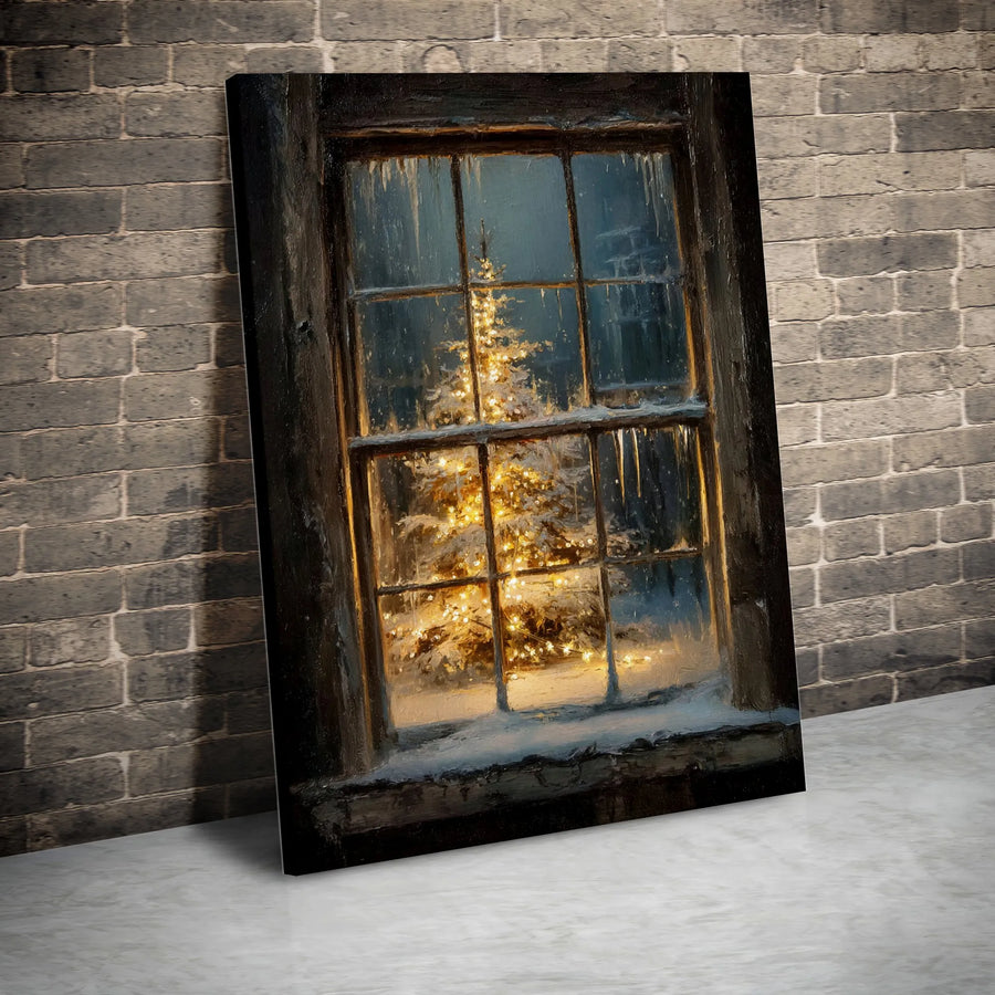 Christmas Tree Wall Art | Snowy Rustic Window With Icicles | Premium Gallery Canvas Print | Festive Winter Home Decor Gift
