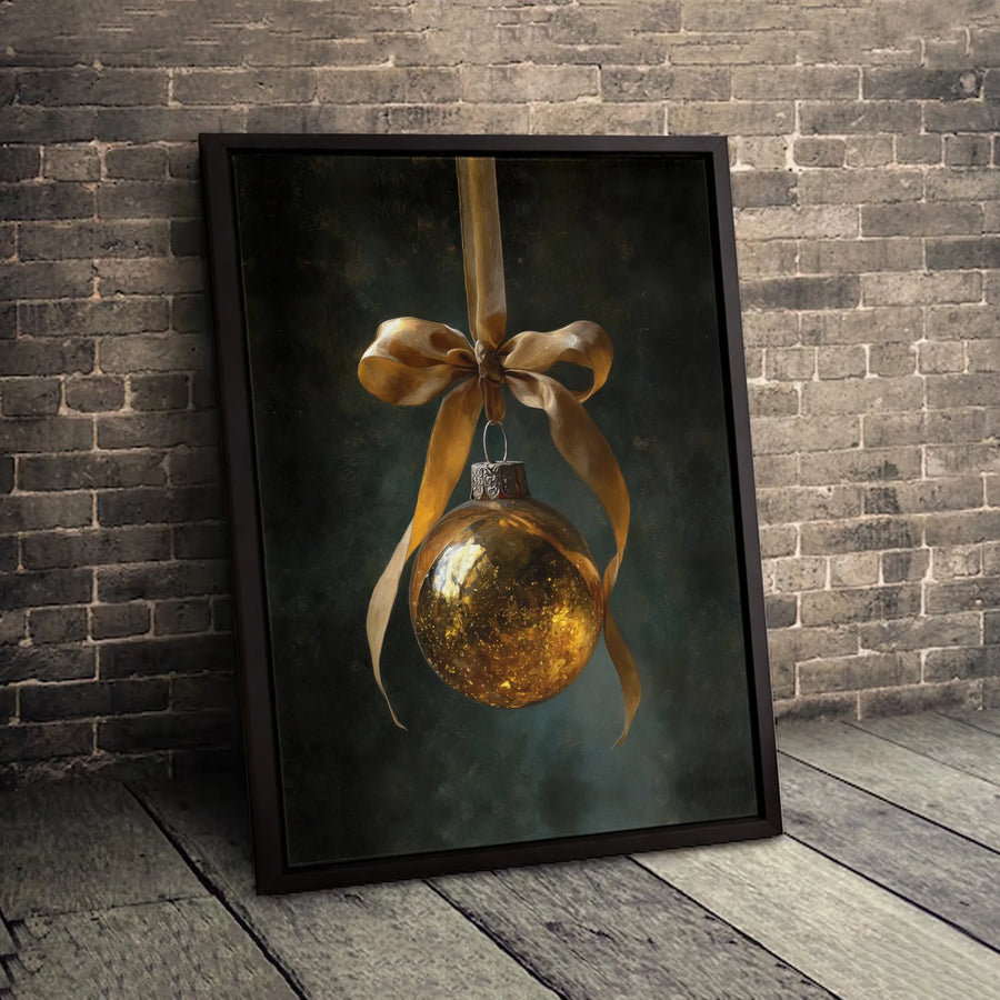 Gold Christmas Ornament Wall Art | Elegant Holiday Bauble Painting | Gallery Quality 1.25 Inch Thick Canvas | Sophisticated Seasonal Home Decor