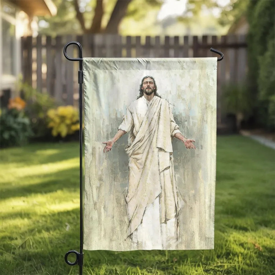 Jesus Garden Flag | Welcoming Christ Portrait | Double Sided Weather-Resistant Fabric | Christian Home Decor Gift for Believers