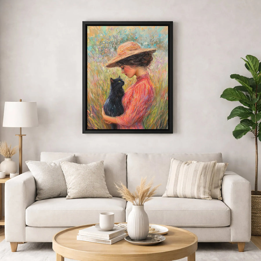 Impressionist Cat Wall Art | Woman Holding Black Cat Oil Painting Style | 1.25" Thick Premium Gallery Canvas | Aesthetic Decor Gift for Cat Lovers