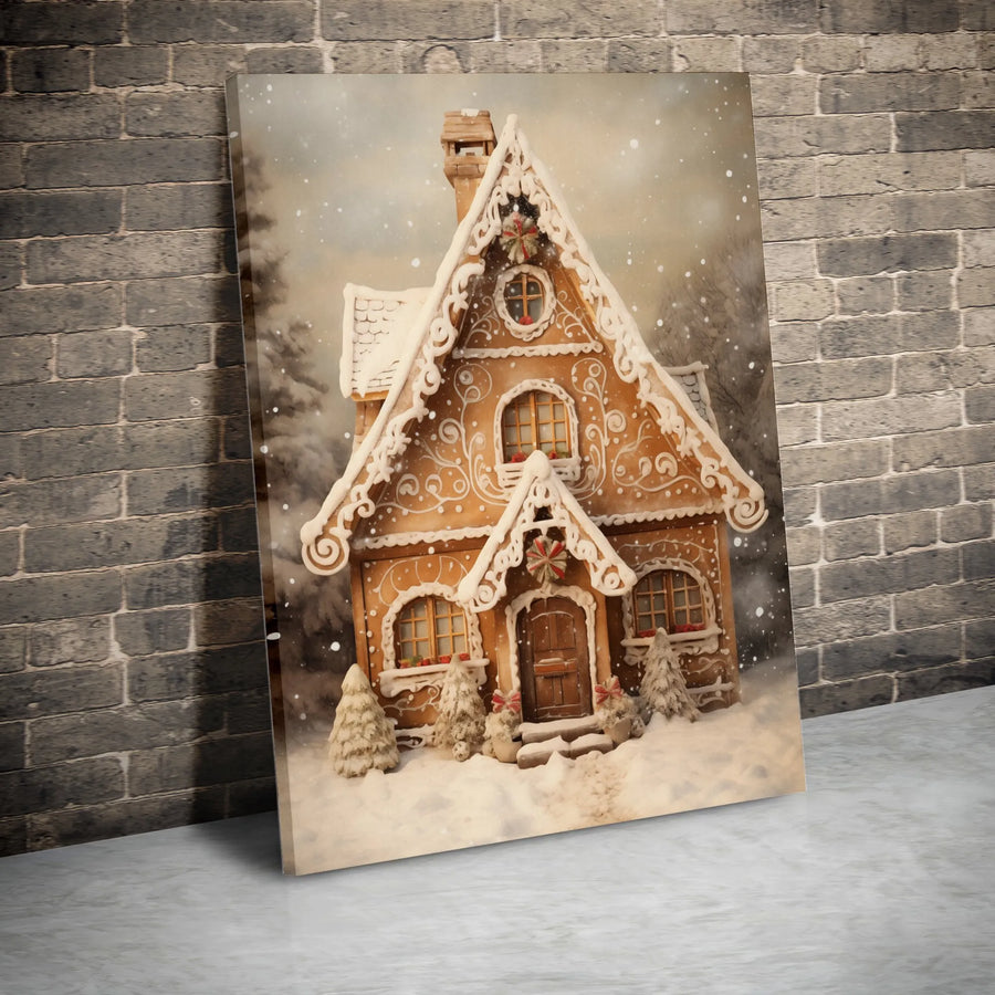 Christmas Gingerbread House Wall Art | Snowy Winter Cabin Canvas Print | Premium Fade-Resistant Gallery Wrap | Festive Holiday Home Decor Gift