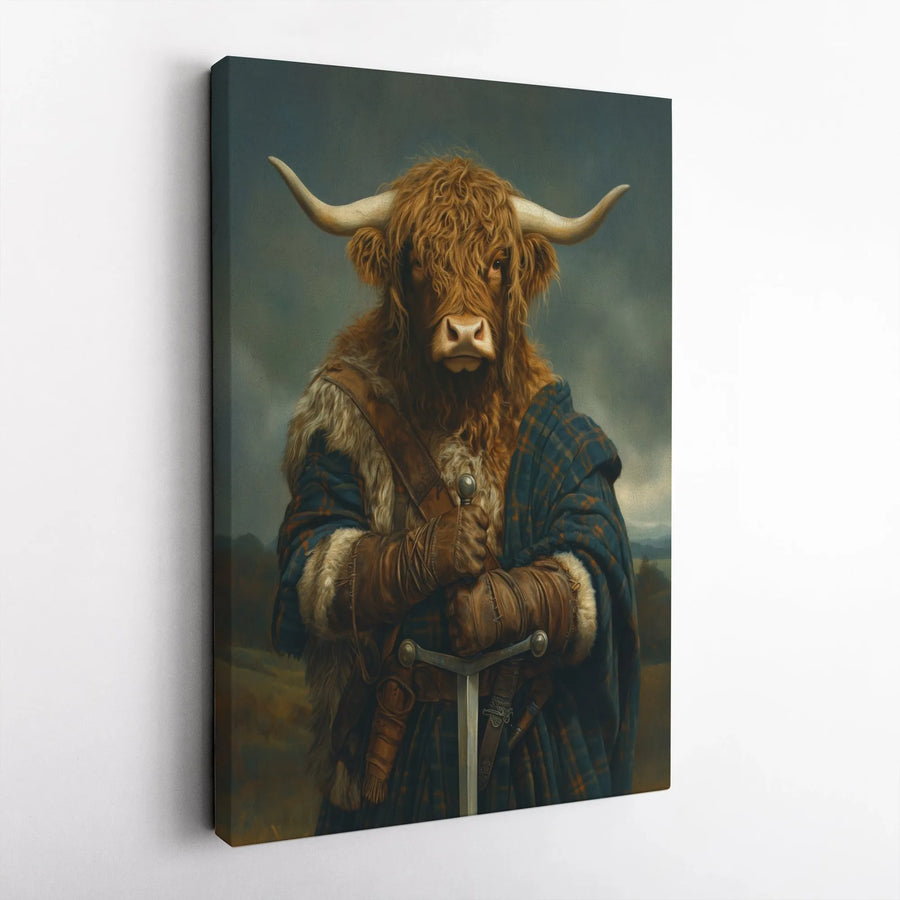 Highland Cow Canvas Print | Scottish Warrior Knight with Sword | Premium Gallery Wrap Wall Art | Unique Home Decor Gift