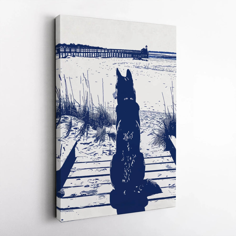 Dog on Beach Canvas Wall Art | Minimalist Coastal Dog Silhouette | Premium Thick Gallery Wrap | Nautical Home Decor Gift for Dog Lover