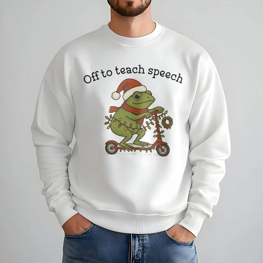 Speech Therapist Christmas Sweatshirt | Cute Frog on Scooter Holiday Design | Soft Cotton Blend | SLP Gift for Speech Language Pathologist