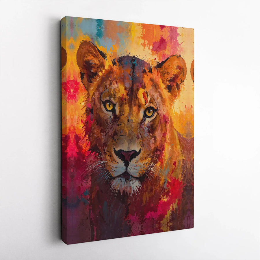Lioness Canvas Wall Art | Colorful Abstract Wildlife Portrait | Premium Gallery Wrap Canvas | Modern Office & Living Room Decor Gift