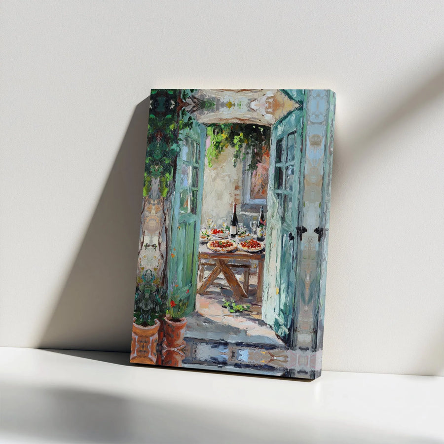 Italian Courtyard Canvas Wall Art | Impressionist Pizza and Wine Painting | Gallery Wrapped Premium Decor | Gift for Kitchen or Dining Room