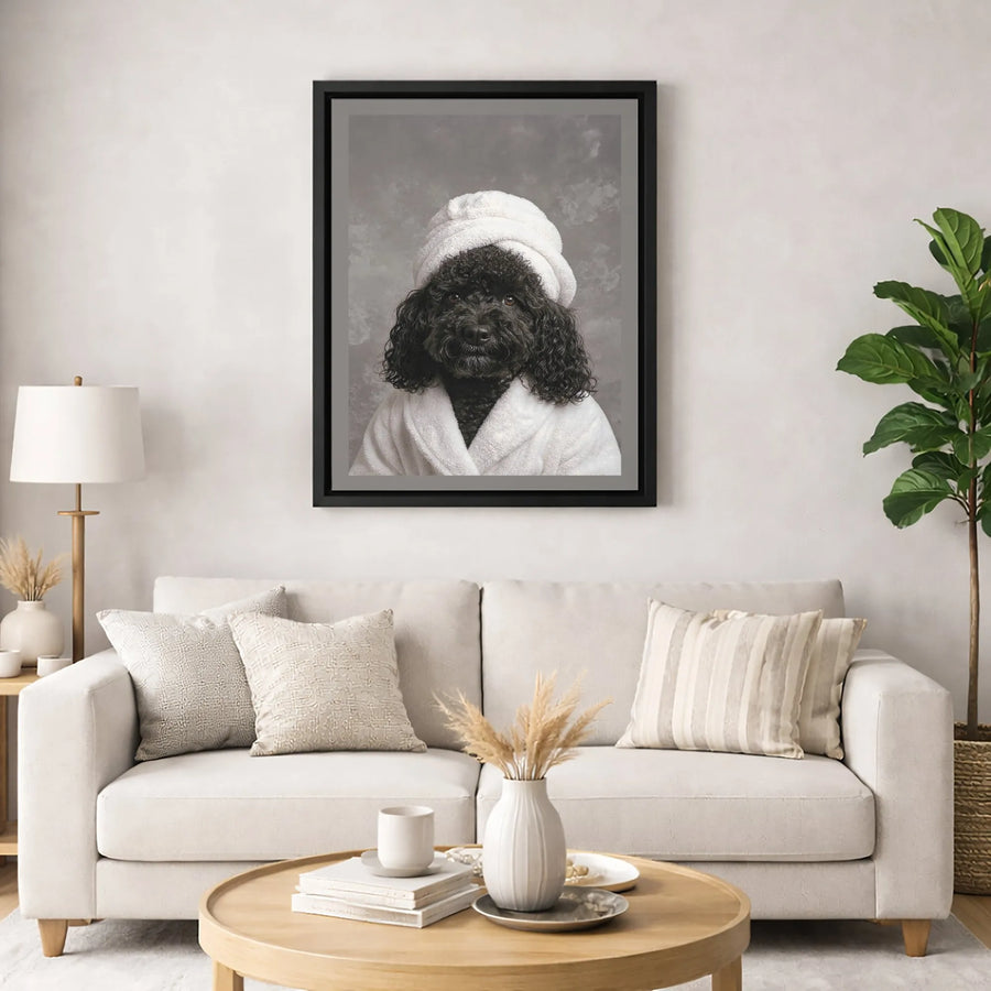 Black Poodle Canvas Print | Dog in Spa Bathrobe and Towel Wrap | Premium Gallery Wrap Wall Art | Funny Pet Bathroom Decor Gift for Dog Lovers
