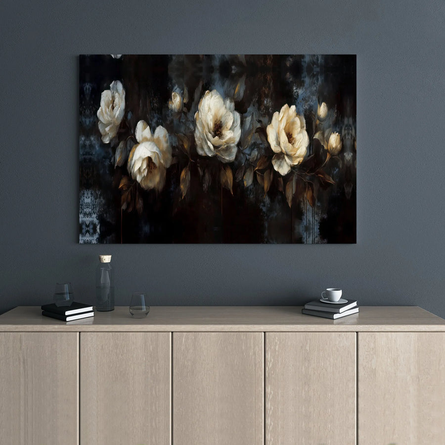 White Floral Canvas Wall Art | Moody Dark Abstract Rose Painting | Premium Gallery Wrapped Decor | Modern Botanical Living Room Gift