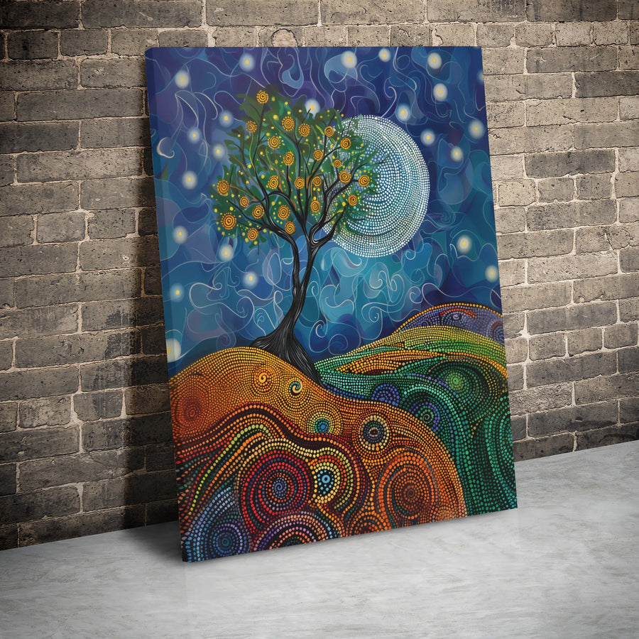 Tree Of Life Canvas Art | Psychedelic Pointillism Night Landscape | Premium Gallery Wrap Print | Whimsical Boho Home Decor Gift