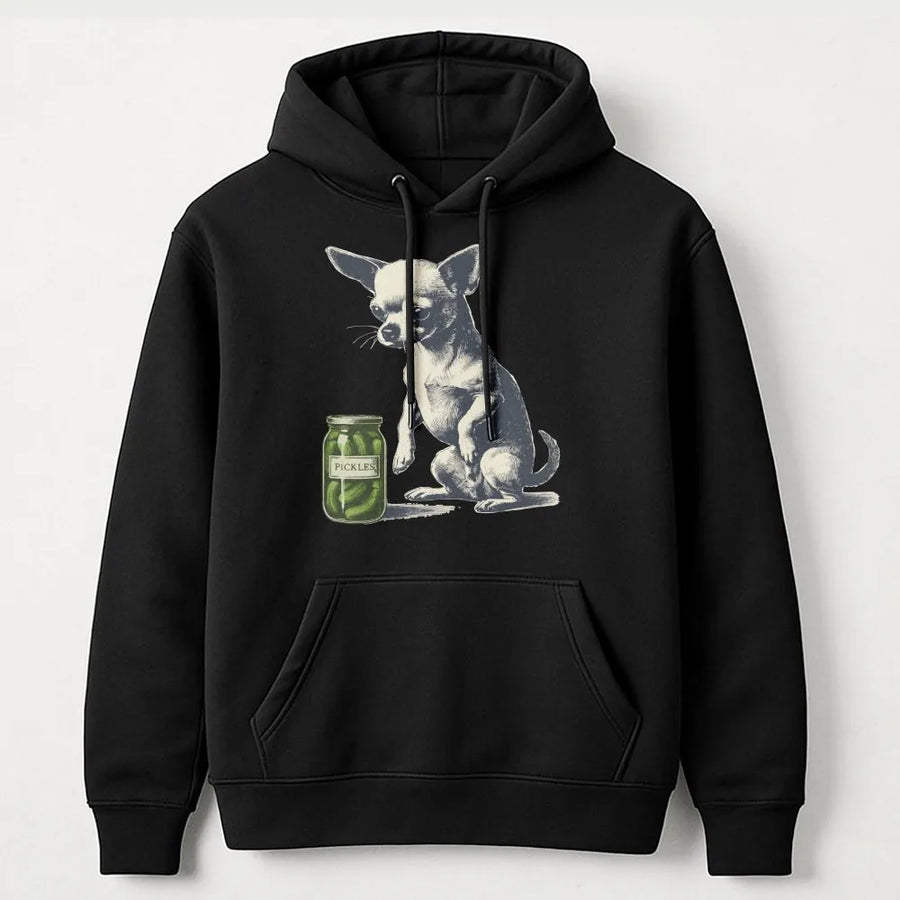 Chihuahua Hoodie | Funny Dog Pickle Jar Graphic | Premium Cotton Blend | Quirky Animal Lover Gift For Men Women