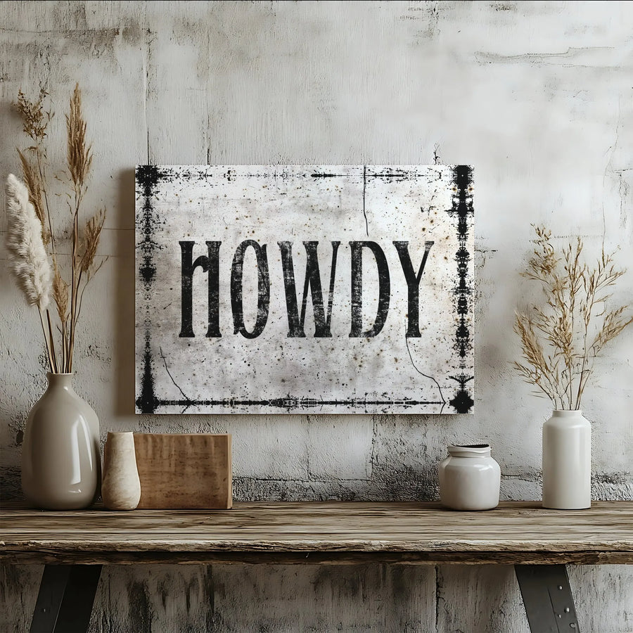 Howdy Wall Art Canvas | Rustic Distressed Farmhouse Typography | Premium Gallery Wrap Wooden Frame | Western Home Decor Gift