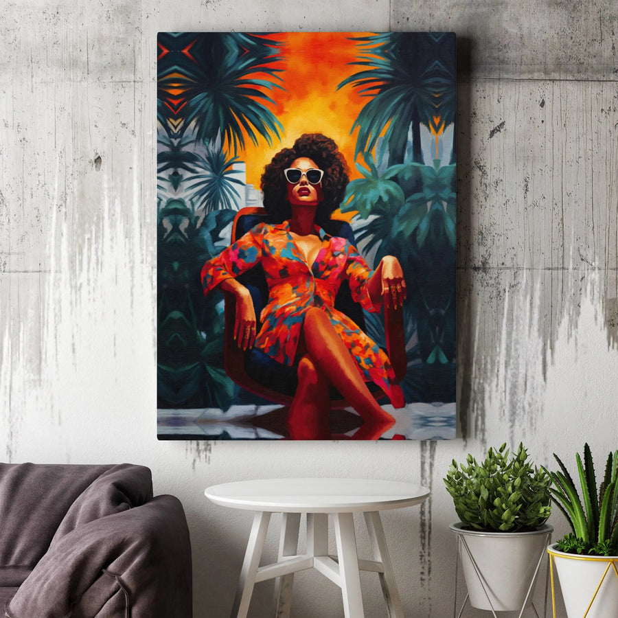 Black Woman Art Print | Afro Aesthetic Tropical Canvas | Premium Gallery Wrapped Decor | Stylish Home Office Wall Art Gift