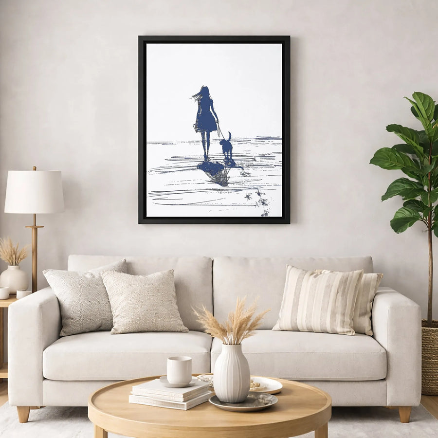 Woman Walking Dog Canvas Art | Coastal Beach Silhouette Print | 1.25 Inch Premium Gallery Wrap | Modern Home Decor Gift