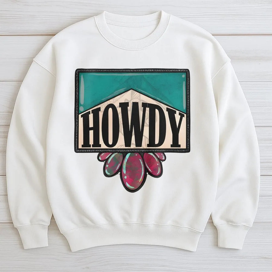 Howdy Western Sweatshirt | Retro Country Rodeo Graphic Design | Premium Cotton Blend Crewneck | Trendy Cowboy Gift For Women And Men