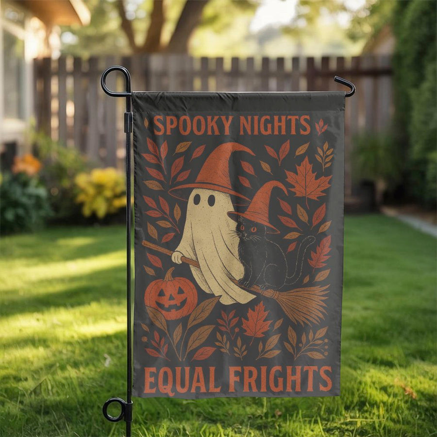 Spooky Nights Garden Flag | Ghost Witch Cat Halloween Yard Decor | Premium Double-Sided Polyester Banner | Fall Outdoor Gift for Witchy Home