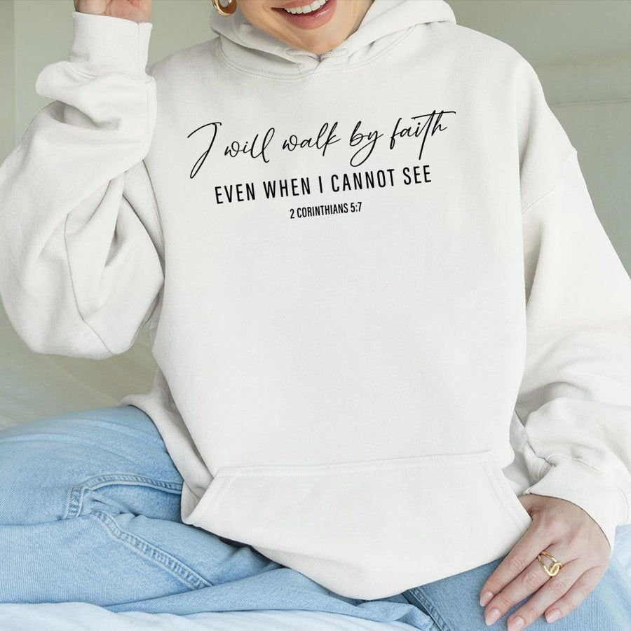 Walk By Faith Hoodie | 2 Corinthians 5:7 Christian Bible Verse Quote | Premium Soft Cotton Blend | Religious Gift for Men and Women