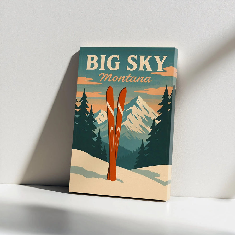 Big Sky Montana Canvas Wall Art | Vintage Ski Resort Travel Poster | Premium Gallery Wrap Decor | Skiing Gift For Lodge Cabin Home