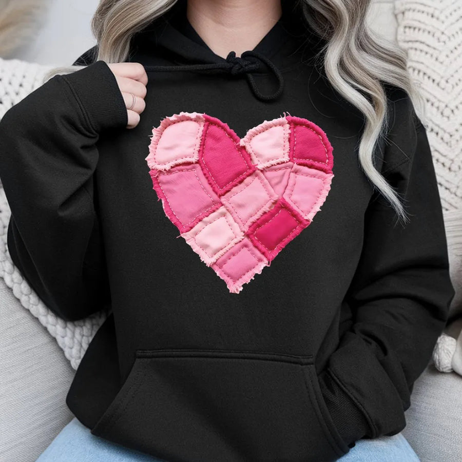 Patchwork Heart Hoodie | Valentine Faux Quilt Pink Graphic Design | Premium Cotton-Poly Blend | Cute Romantic Gift For Her