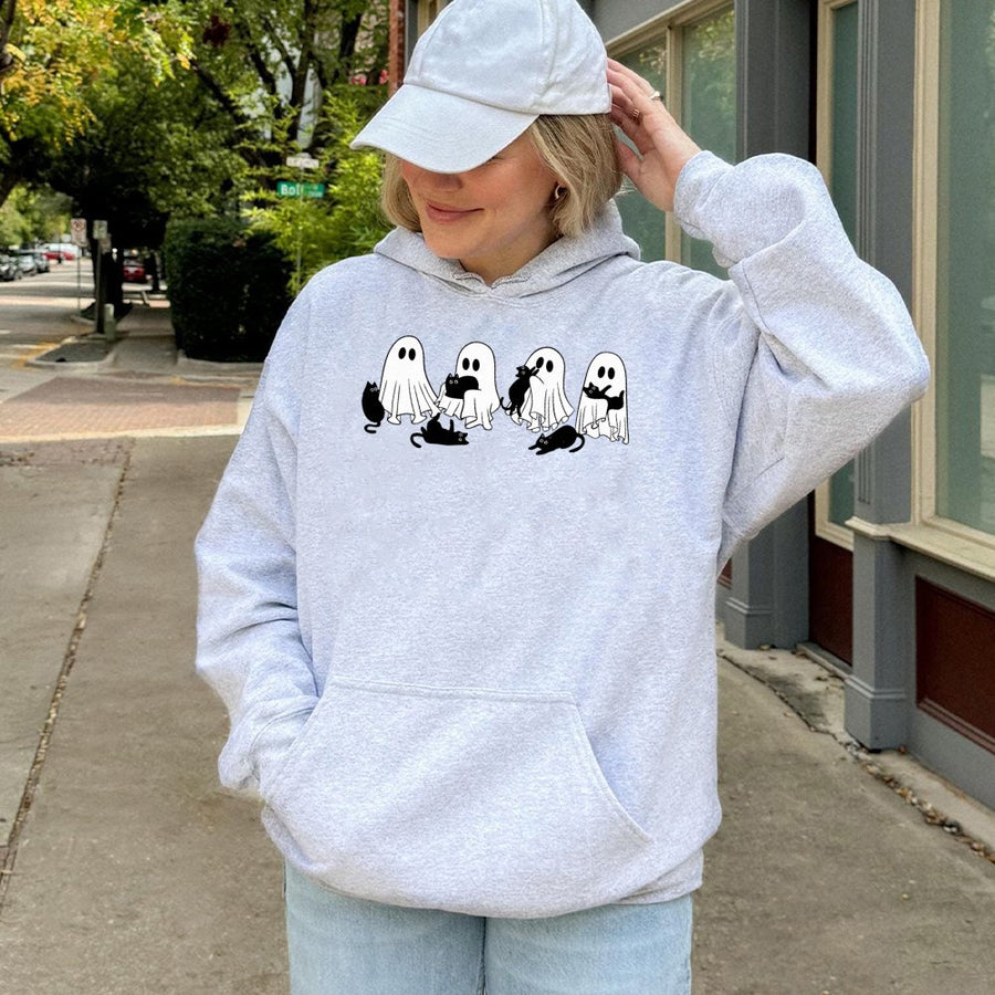 Ghost Cat Halloween Hoodie | Cute Spooky Kitten Graphic | Premium Cotton Blend Sweatshirt | Unisex Fall Gift for Cat Lovers