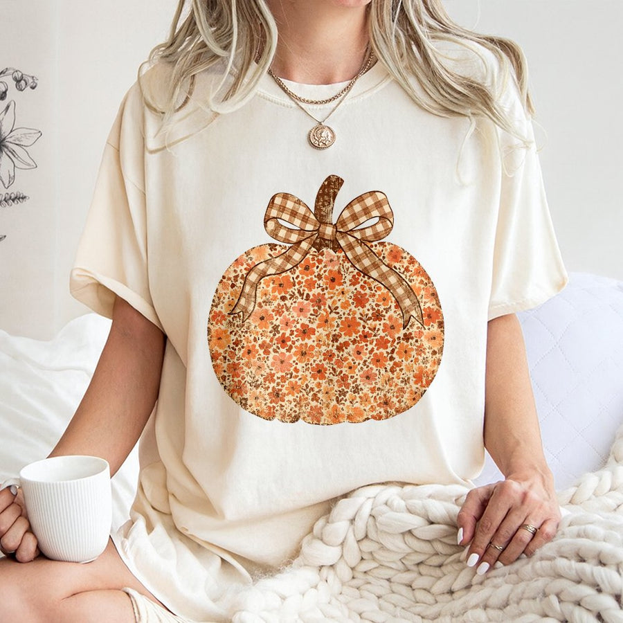 Floral Pumpkin T-Shirt | Boho Fall Gingham Bow Graphic | 100% Cotton Premium Tee | Cute Autumn Thanksgiving Gift for Women