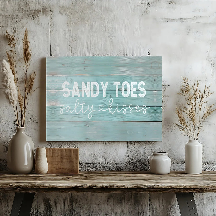 Sandy Toes Salty Kisses Canvas Print | Rustic Teal Wood Plank Design | Premium Gallery Wrapped Canvas | Beach House Decor Gift