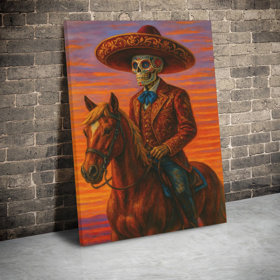 Day of the Dead Canvas Wall Art | Sugar Skull Mariachi Horse Rider | Gallery Wrap Premium Print | Mexican Culture Home Decor Gift