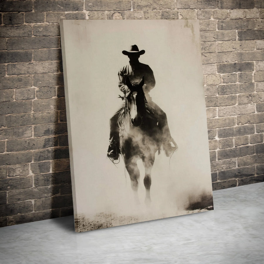 Western Cowboy Wall Art | Vintage Horse Riding Silhouette Print | Premium Gallery Wrapped Canvas | Rustic Home Decor Gift for Him
