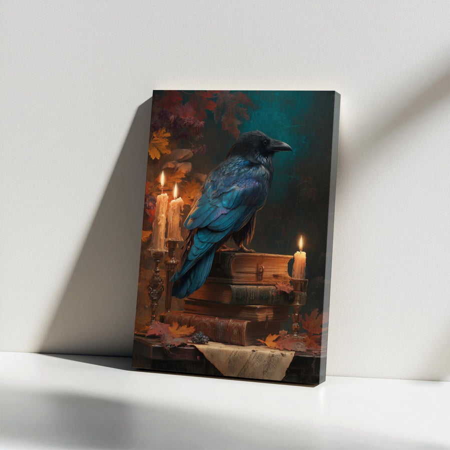 Dark Academia Raven on Vintage Books Vertical Canvas | Moody Gothic Crow and Candles Wall Art | 1.25 Inch Thick Gallery Wrap | Mystic Library Gift for Goth Book Lovers