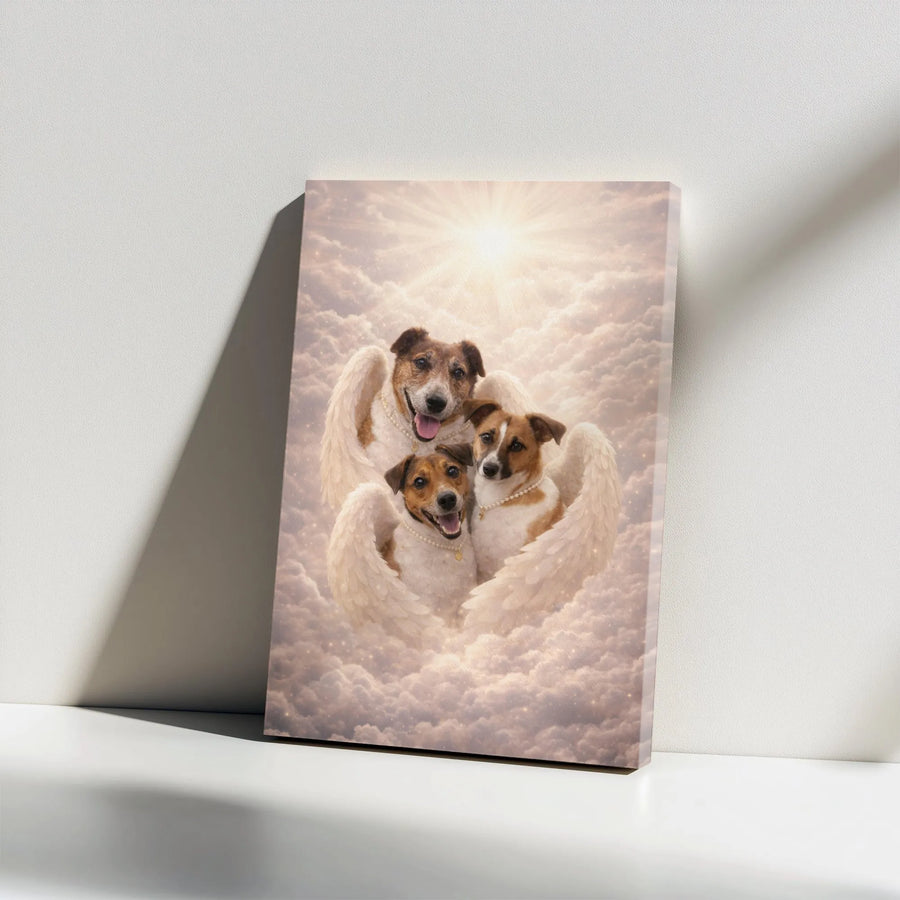 Angel Dogs Memorial Canvas | Three Jack Russell Terriers in Heaven Art | Premium Gallery Wrapped Print | Pet Loss Sympathy Gift for Dog Lover