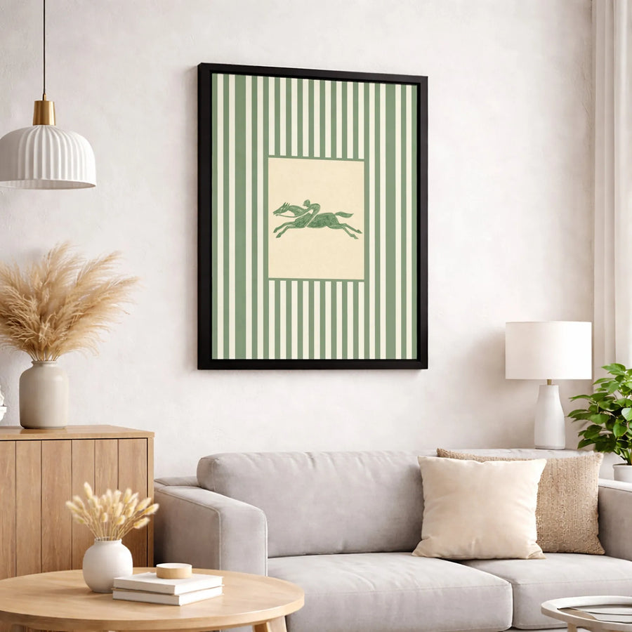 Equestrian Wall Art | Vintage Jockey Horse Sketch with Green Cream Stripes | Premium Gallery-Wrapped Canvas | Sophisticated Home Decor Gift
