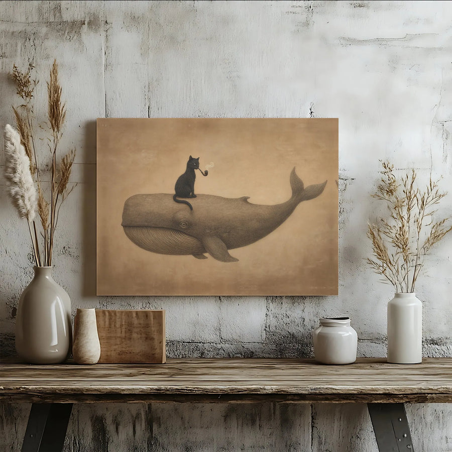 Surreal Cat Riding Whale Canvas Art | Black Cat Smoking Pipe Illustration | Premium Gallery Wrapped Canvas | Unique Gift for Animal Lover & Eclectic Home Decor