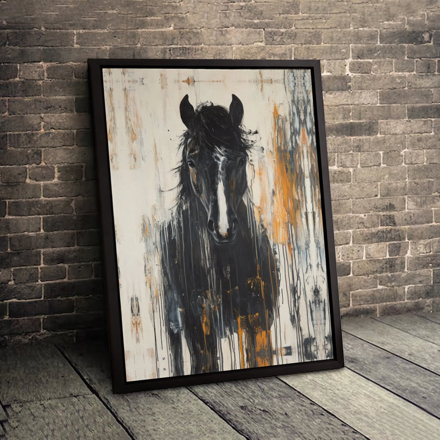 Abstract Black Horse Canvas Wall Art | Modern Drip Paint Equestrian Decor | Gallery-Wrapped Premium Print | Sophisticated Living Room Gift