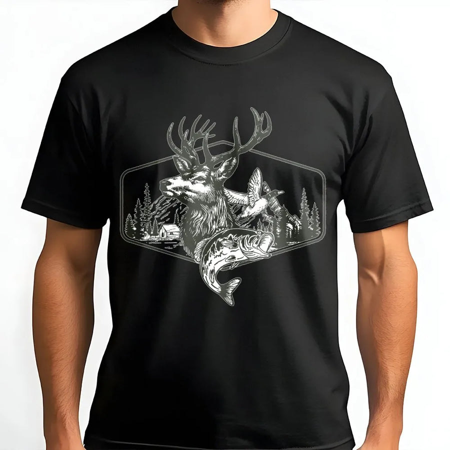 Hunting T-Shirt | Deer, Duck and Bass Wildlife Graphic | Premium Cotton Unisex Tee | Great Gift for Outdoorsmen and Hunters