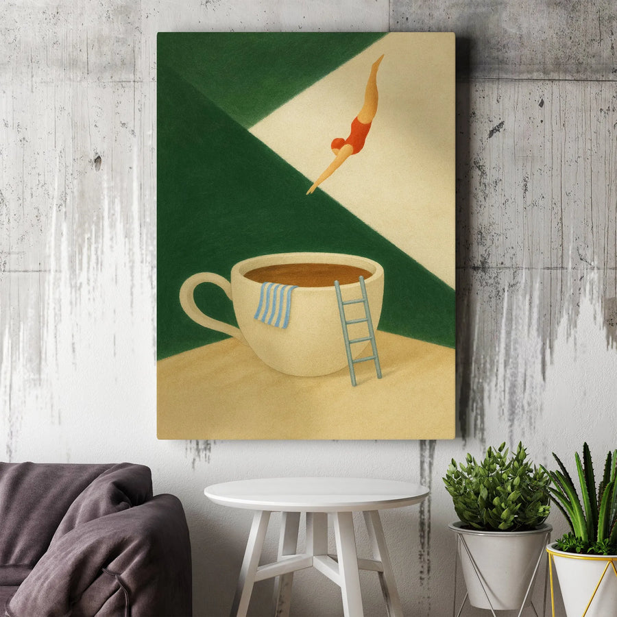 Surreal Coffee Cup Wall Art | Diving Woman Illustration | Premium Gallery Wrapped Canvas | Whimsical Kitchen Decor Gift for Coffee Lovers