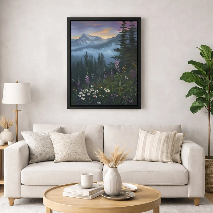 Misty Mountain Landscape Wall Art | Wildflower Pine Forest Canvas Print | 1.25-Inch Gallery Wrap | Premium Nature Home Decor Gift
