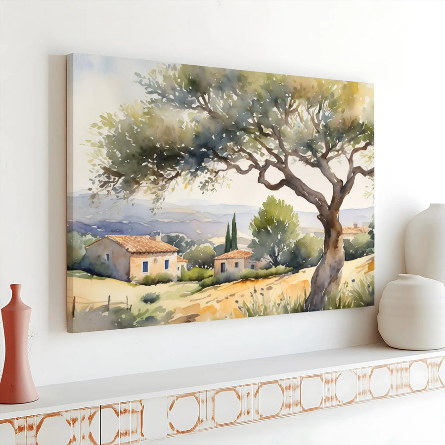 Tuscan Landscape Canvas Wall Art | Watercolor Olive Tree Villa Print | 1.25 Inch Gallery Wrap | Premium Home Decor Gift